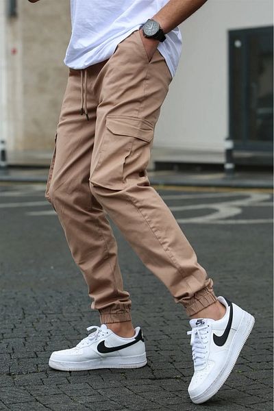 VIKUNYA Dark Beige Jogger Cotton Cargo Pants Adjustable Waist Elastic Leg Comfort