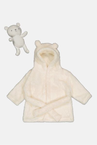 Rock A Bye Baby Boutique Toddlers Boy 2 Pieces Bear Bathrobe And Plush Toy Set, Ivory