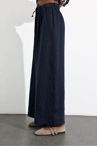 5in1Canpolat Navy Blue 100% Linen Elastic Waist Trousers