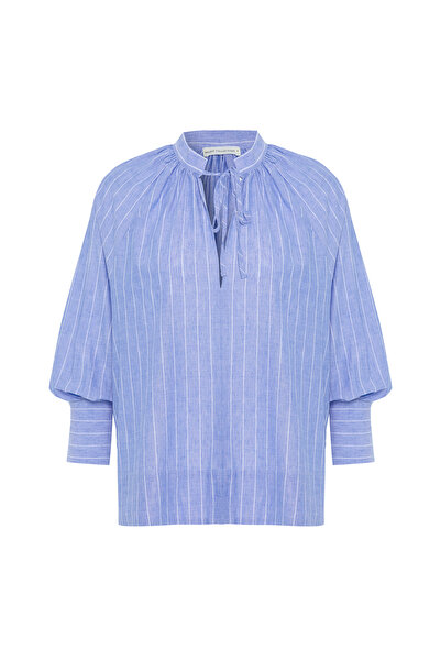 Mudo Striped Oversize Tie Collar Linen Mixed Bluz