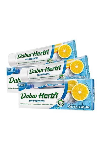 Dabur Herbal Whitening Salt & Lemon Toothpaste 2 x 150 g + Toothbrush