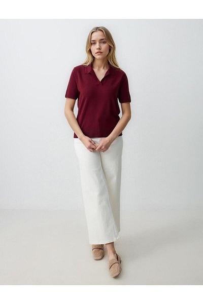 Jimmy Key Tricou tricot cu mânecă scurtă, cu decolteu polo, roșu Claret