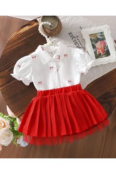 ipekkids Silk Kids Girl's Pleated Bow Skirt Short Sleeve Shirt Set