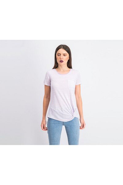 Ralph Lauren Women Round Neck Striped Side Tie T-shirt, White And Purple