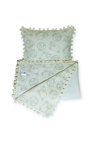 Birmelek Piqued Muslin Blanket and Pillow Set - Double Layer Pompom