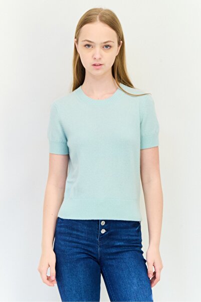 Esprit Women Ribbed Collar Short Sleeves Knitted Top, Light Green