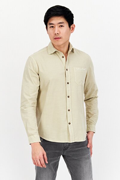 Lyle & Scott Men Regular Fit Embroidered Logo Long Sleeve Casual Shirt, Beige