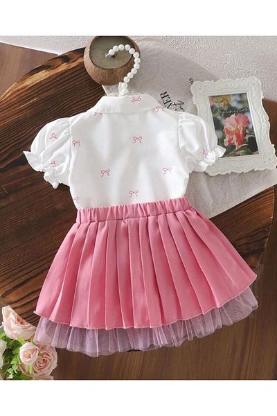 ipekkids Silk Kids Girl's Pleated Bow Skirt Short Sleeve Shirt Set