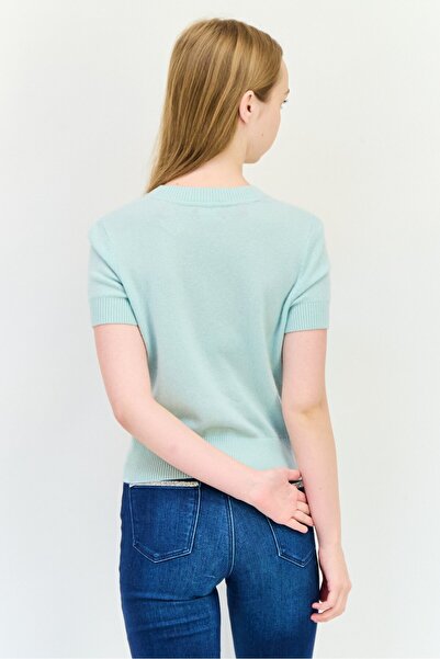 Esprit Women Ribbed Collar Short Sleeves Knitted Top, Light Green