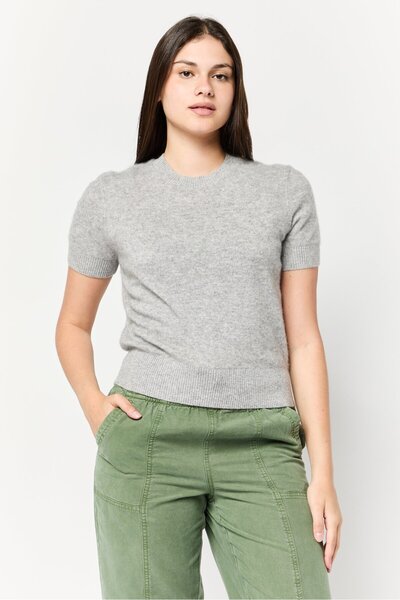 Esprit Women Ribbed Collar Short Sleeves Knitted Top, Grey