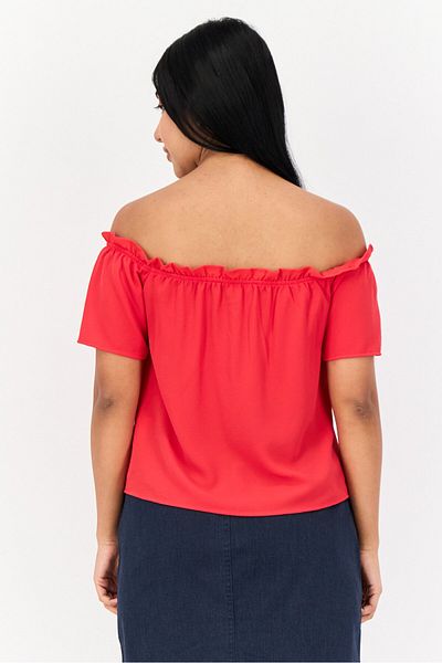 DeFacto Women Off Shoulder Neckline Short Sleeve Textured Crop Top, Red