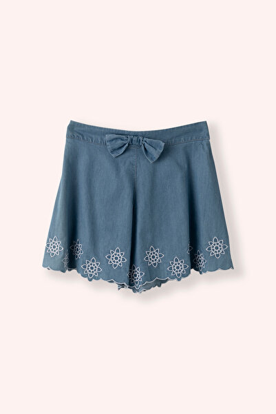 Panço Kız Çocuk Kurdela Ve Nakış Detaylı Mavi Şort
