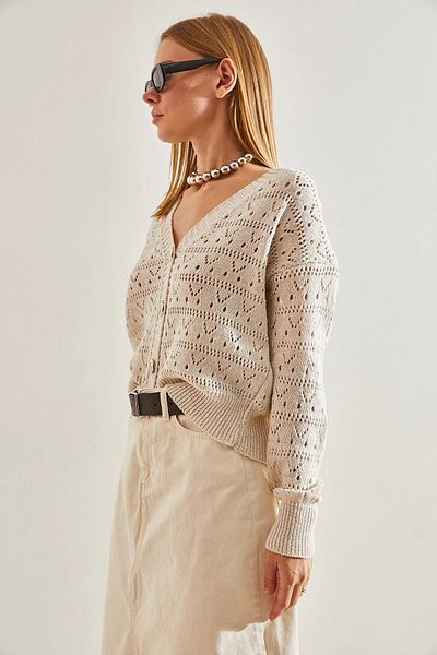 tavsanclo Women's V-Neck Openwork Patterned Buttoned Seasonal Cotton Beige Knitwear Cardigan