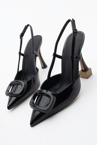 Marjin Women's Stiletto Pointed Toe Open Back Tie Buckle Heeled Shoes Velton Black Patent Leather