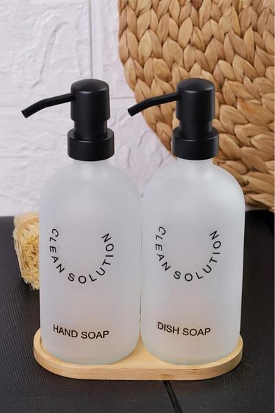 MİEN Set of 2 Sablaj Glass White Liquid Soap Dispensers with Stand