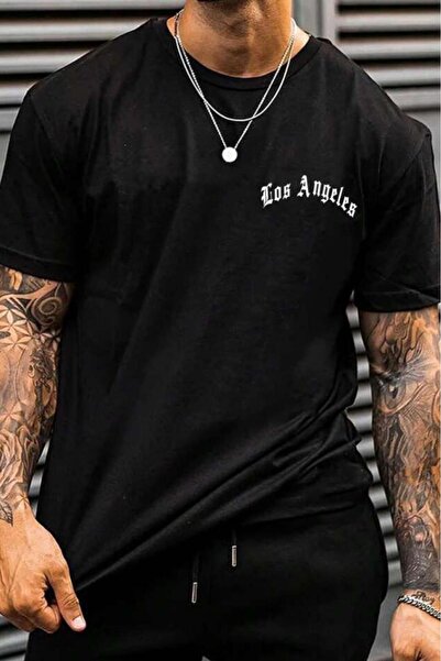 NO 601 Tricou oversize cu imprimeu Los Angeles negru pentru bărbați