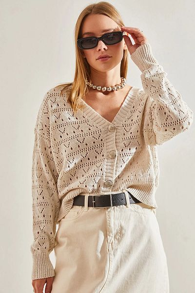 tavsanclo Women's V-Neck Openwork Patterned Buttoned Seasonal Cotton Beige Knitwear Cardigan