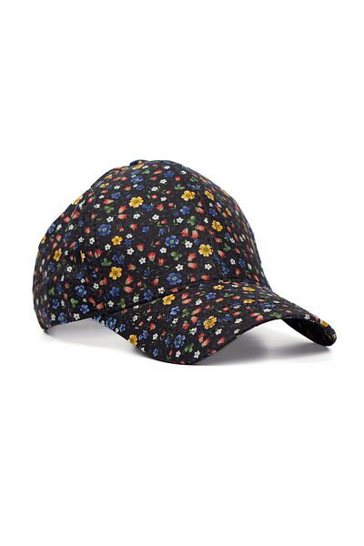 LEAN CAP Summer Flower Breeze Patterned Black Cotton Poplin Fabric Adjustable Standard Size