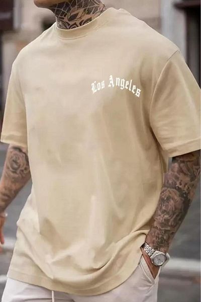 NO 601 Ανδρικό μπλουζάκι μπεζ Los Angeles με στάμπα oversize