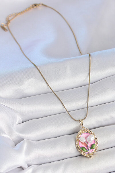 Tunastore 316L Steel Gold Color Chain Pink Enamel Pearl Flower Embroidered Portrait Model Women's Necklace