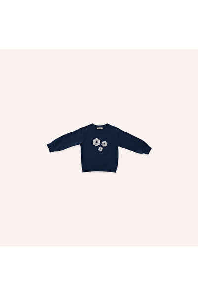 Panço Girl's Navy Blue Sweatshirt with Flower Applique Detail