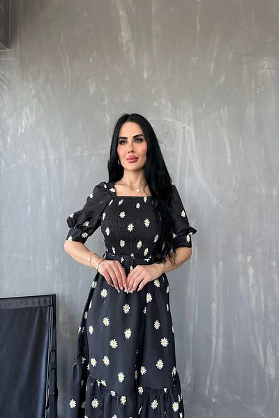 GALAVİP Square Collar Poplin Fabric Floral Pattern with Belt Summer Dress Standard Size S/M/L/Xl Matched