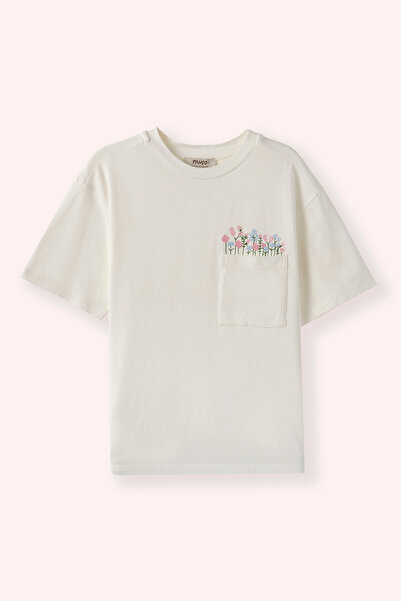 Panço Kız Çocuk Nakış Detaylı Ekru Tişört