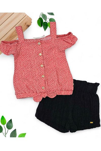 VOY KİDS Girl's Open Shoulder Strap T-Shirt and Tight Shorts 2-3-4-5-6 Years Old Summer Bottom Top Set