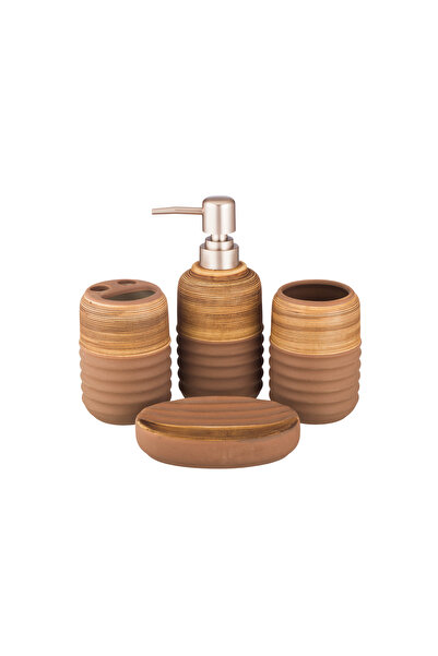 ABAREEK طقم حمام سيراميك مكون من 4 قطع مع صابون سائل - بني وأبيض