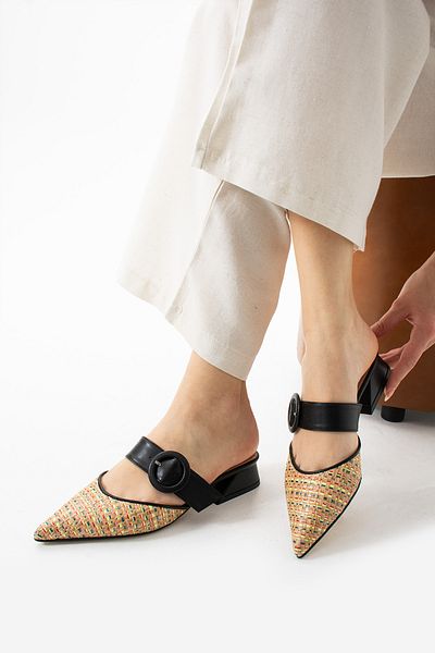 Extra Shoes İstanbul Black Straw Belt Detailed Women's Slippers