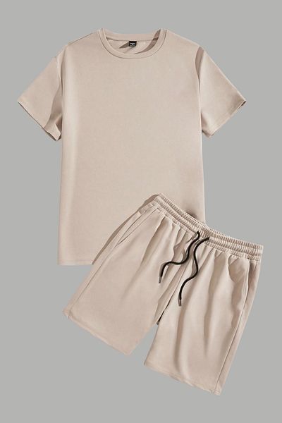 MELADYAN Unprinted Beige T-Shirt Beige Shorts Bottom Top Set