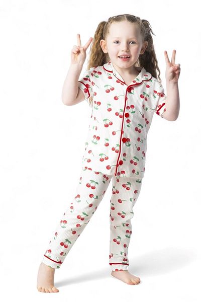 voyyo kids baby Girl's Summer Short Sleeve Double Breasted Collar Cherry Printed Nightgown Set