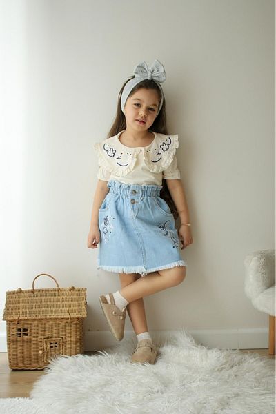 VOY KİDS Girl's Jeans Skirt with Embroidered Collar Detail Summer Vacation 3-10 Years Old Stylish Girl's Suit
