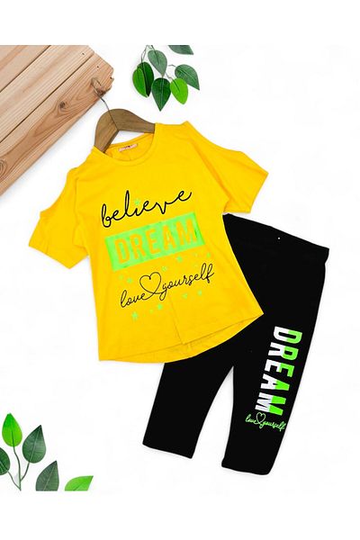 voyyo kids baby Girl's Tights Summer 5-6-7-8-9 Years Old Off the Shoulder T-Shirt Bottom Top Set