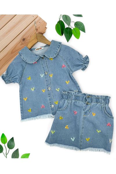 Ege Bebek Girl's Skirt with Heart Embroidered Collar Detail Denim Suit Summer Vacation 3-10 Years Old Stylish Girl's Suit