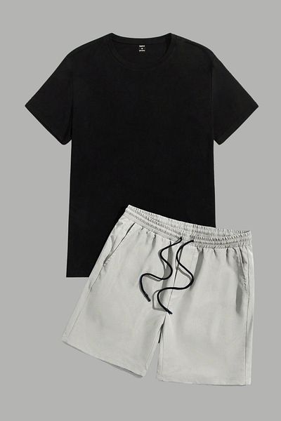 MELADYAN Unprinted Black T-Shirt Gray Shorts Bottom Top Set