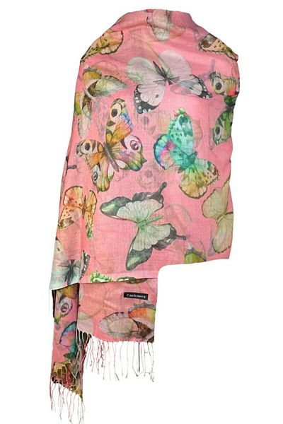 DACSHOP Cashmere scarf with butterflies, Dacali, peony pink, 185 x 75 cm