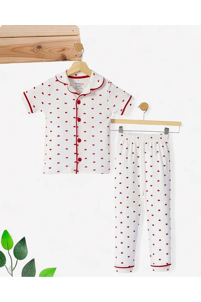 Ege Bebek Girl's Summer Short Sleeve Double Breasted Collar Heart Printed Nightgown Set