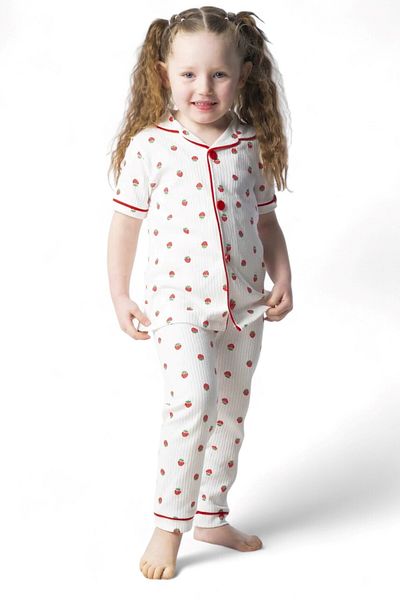 Ege Bebek Girl's Summer Short Sleeve Double Breasted Collar Strawberry Printed Fi̇Ti̇Lli̇ Nightgown Set