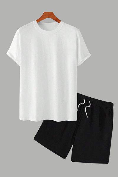 MELADYAN Unprinted White T-Shirt Black Shorts Bottom Top Set