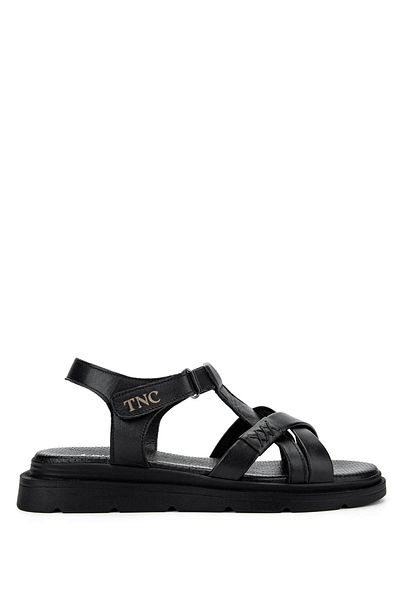 Tamer Tanca Women's Genuine Leather Black Leather Flat Sandals