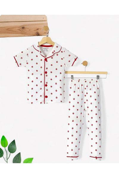 Ege Bebek Girl's Summer Short Sleeve Double Breasted Collar Strawberry Printed Fi̇Ti̇Lli̇ Nightgown Set