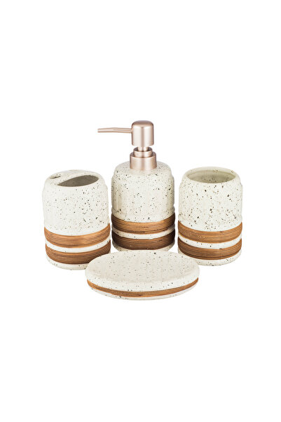 ABAREEK طقم حمام سيراميك مكون من 4 قطع مع صابون سائل - بني وأبيض