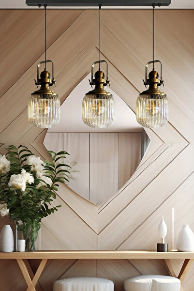 Bamyum Üçlü Mopa Cam Bal Rengi Tekli Avize Eskitme Başlık Retro Sarkıt Lamba Restoran Salon Aydınlatma