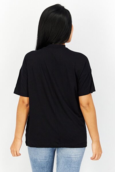 Esprit Women Band Collar Short Sleeve Plain T Shirt, Black