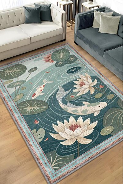 Art Deco Lake Patterned Carpet Plant Themed Green Color Pond Pattern Digital Printing Carpet