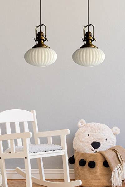 Bamyum İkili Elegant Cam Beyaz Avize Eskitme Başlık Retro Sarkıt Lamba Restoran Salon Aydınlatma