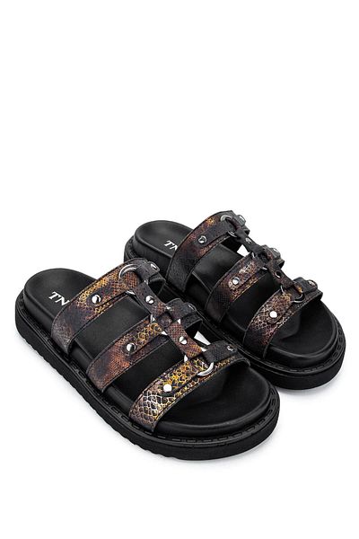 Tamer Tanca Women's Genuine Leather Black Flat Slippers