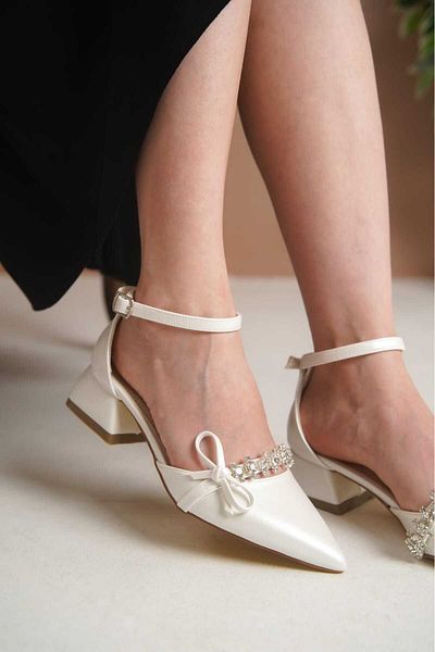 AYFAM SHOES Opuklu Shoes Casual Shoes Stone Detailed Pointed Toe Satin Material 4 cm