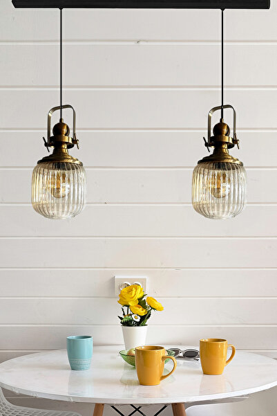 Bamyum İkili Mopa Cam Bal Rengi Tekli Avize Eskitme Başlık Retro Sarkıt Lamba Restoran Salon Aydınlatma